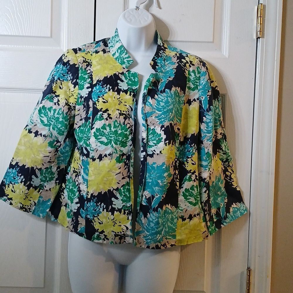 Kim Rogers floral print crop linen blazer business casual casual classy  Sz MP